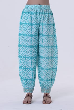 Turquoise & White Cotton Block Printed Pant-XS