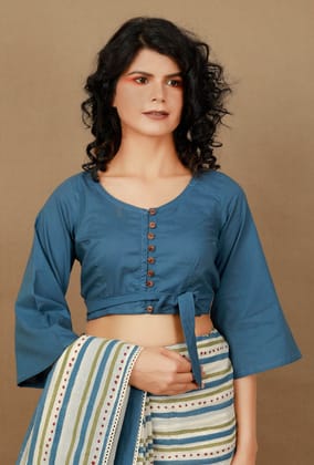 Blue Cotton Front Tie Blouse-S
