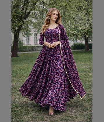 Femvy Women Crepe Printed Fit & Flare Dress ( Purple )