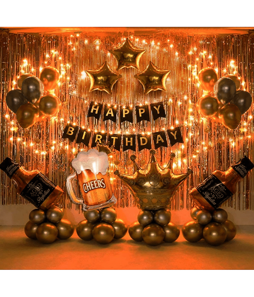 Jolly Party  Happy Birthday Banner Decoration Kit - 63Pcs Set for Boys Husband Balloons Decorations Items Combo with Cheers Foil Balloon Crown Foil, Age Perfect, Metallic Balloons With Fairy Light