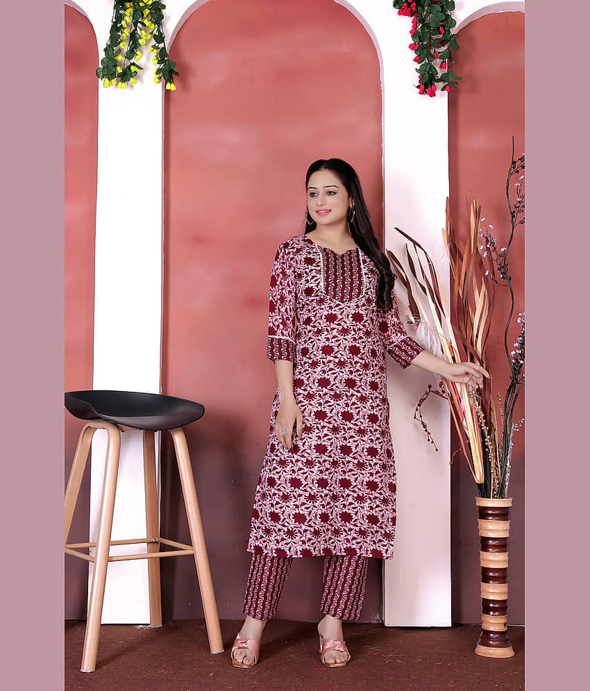 YAGNIK FASHION Cotton Blend Printed Kurti With Pants Women's Stitched Salwar Suit - Maroon ( Pack of 1 )