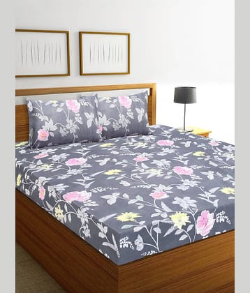 Home Candy Microfiber Floral Double Bedsheet with 2 Pillow Covers- Grey
