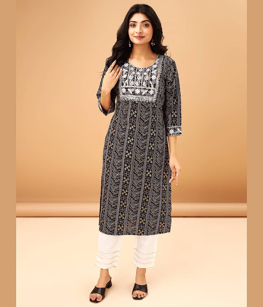 TRAHIMAM Cotton Blend Printed Kurti With Pants Women's Stitched Salwar Suit - Black ( Pack of 1 )