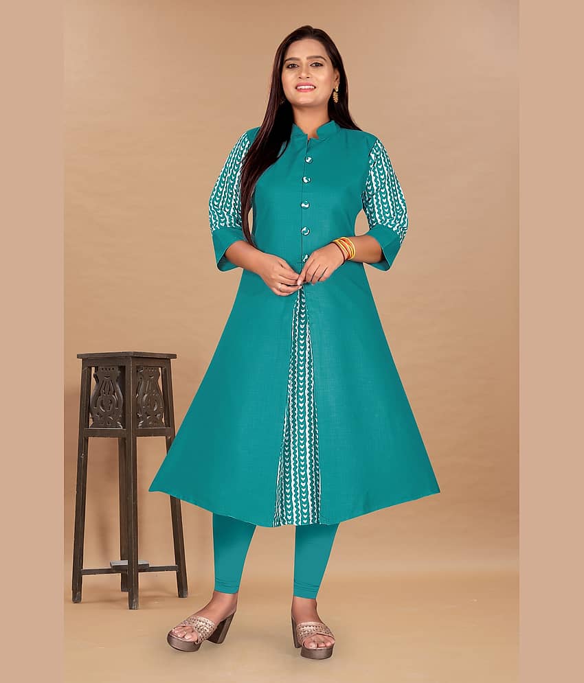 RIAANA Women Cotton Blend Printed Front Slit Kurti ( Green )