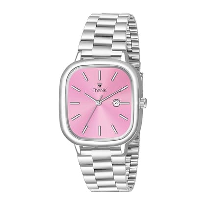 Thynk Pink Trendy Women's Analog Watch with Pink Dial & Stainless Steel Strap | Elegant Square Case Wristwatch with Date Display