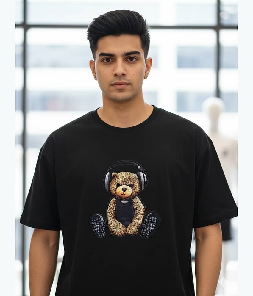 ELBATROSS Men Cotton Blend Oversized Fit Printed T-Shirt ( Black )