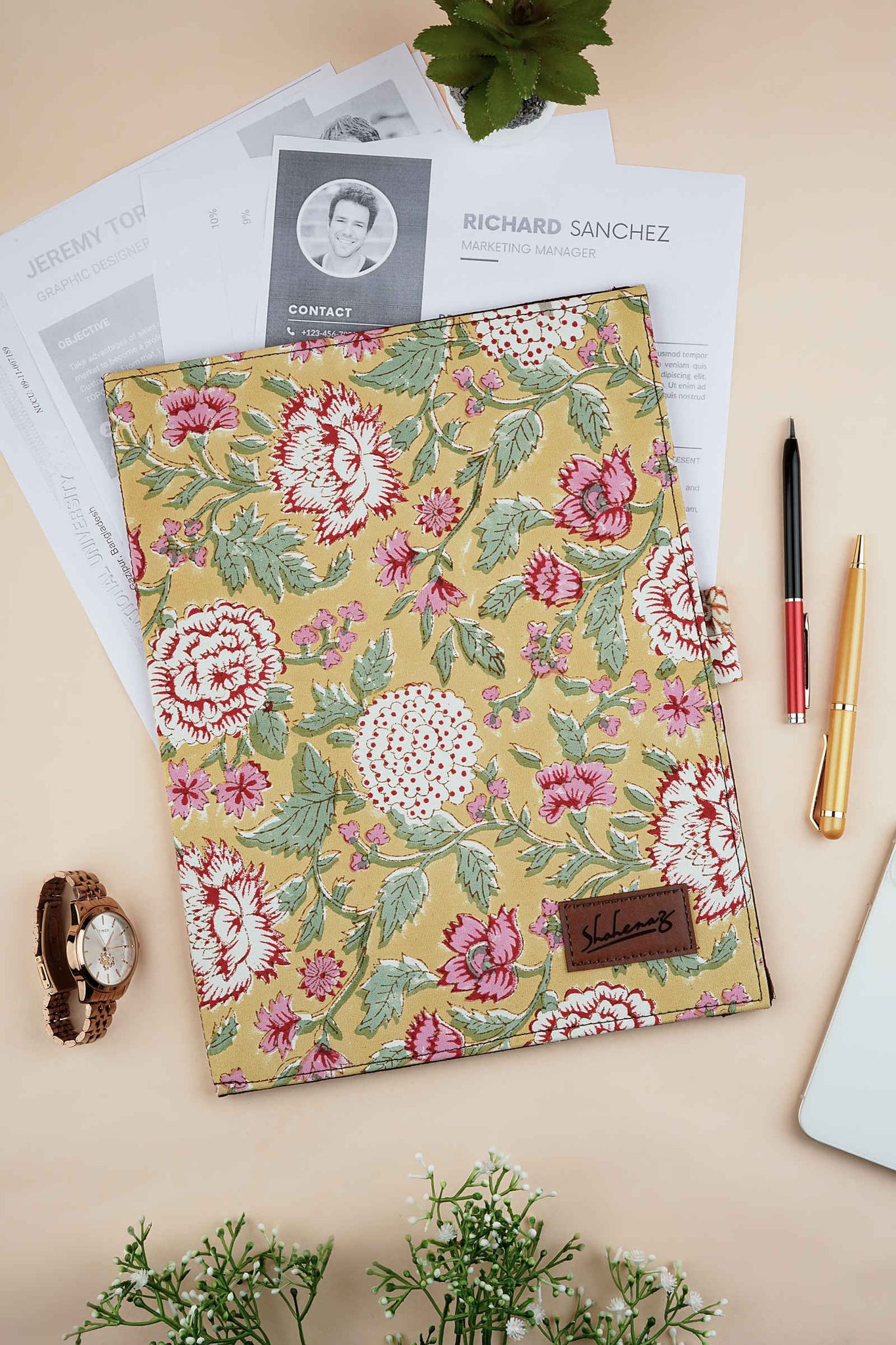 Amalfi Meadows Hand Block Printed Yellow File Folder-12.5 X 9.5 IN / Yellow / Yellow