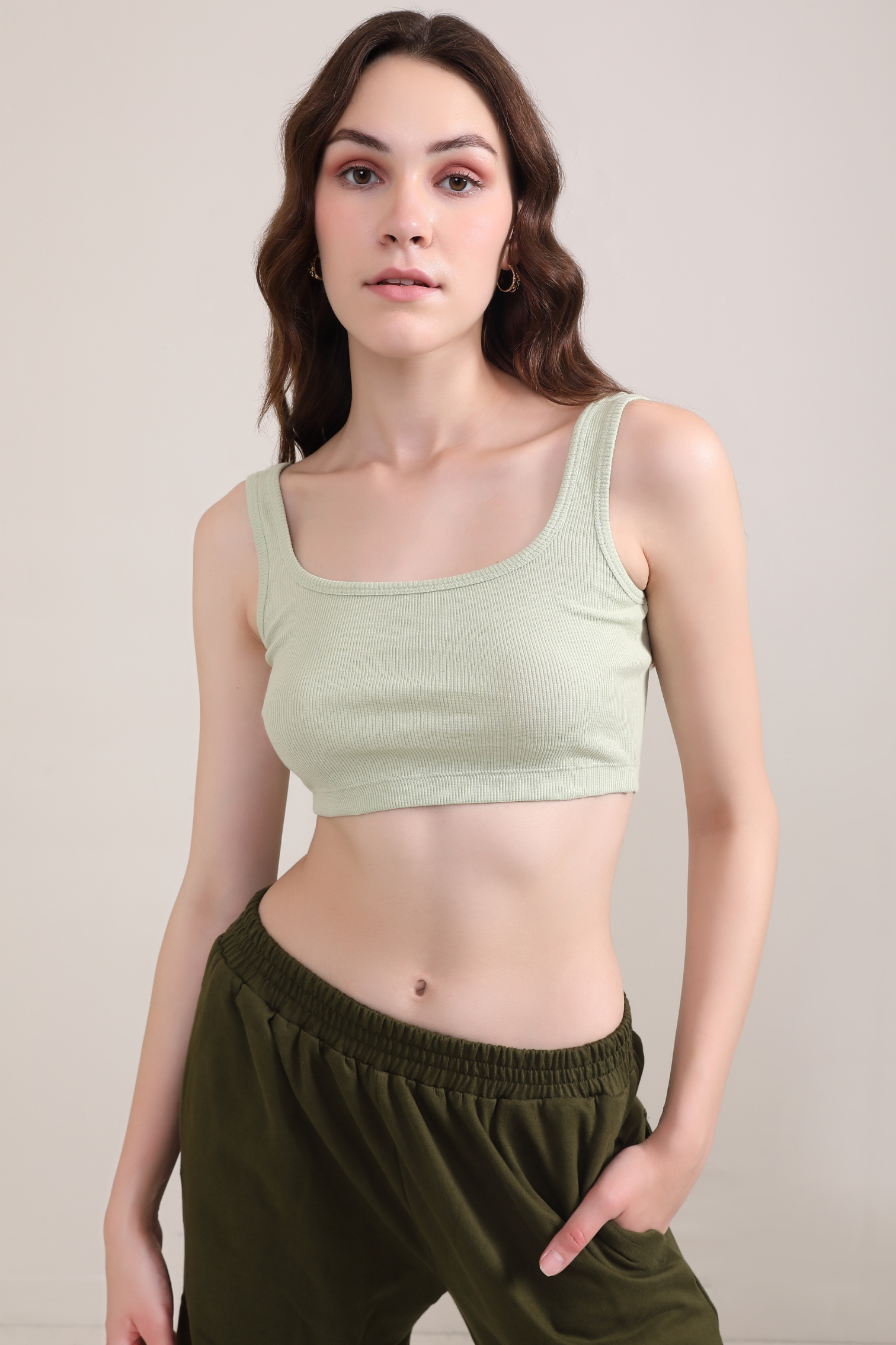 Ribbed Vest Tank Top- Granite Green-XS