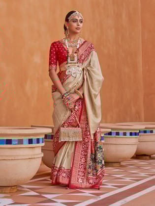 Beige Woven Designed Patola Silk Saree