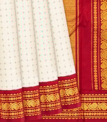 White Handloom Kanchipuram Korvai Silk Saree With Crimson Border-White-White