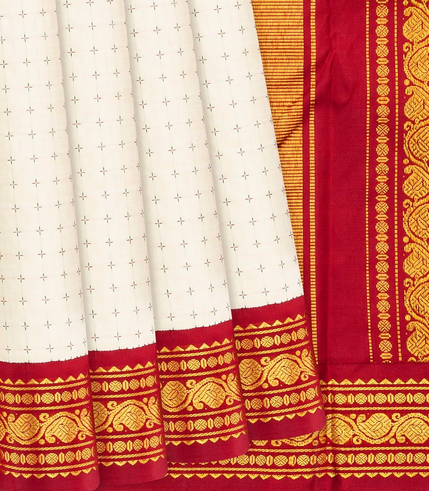 White Handloom Kanchipuram Korvai Silk Saree With Crimson Border-White-White