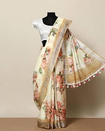 Designer Gold and Cream colored Linen Digital printed Sari 11051
