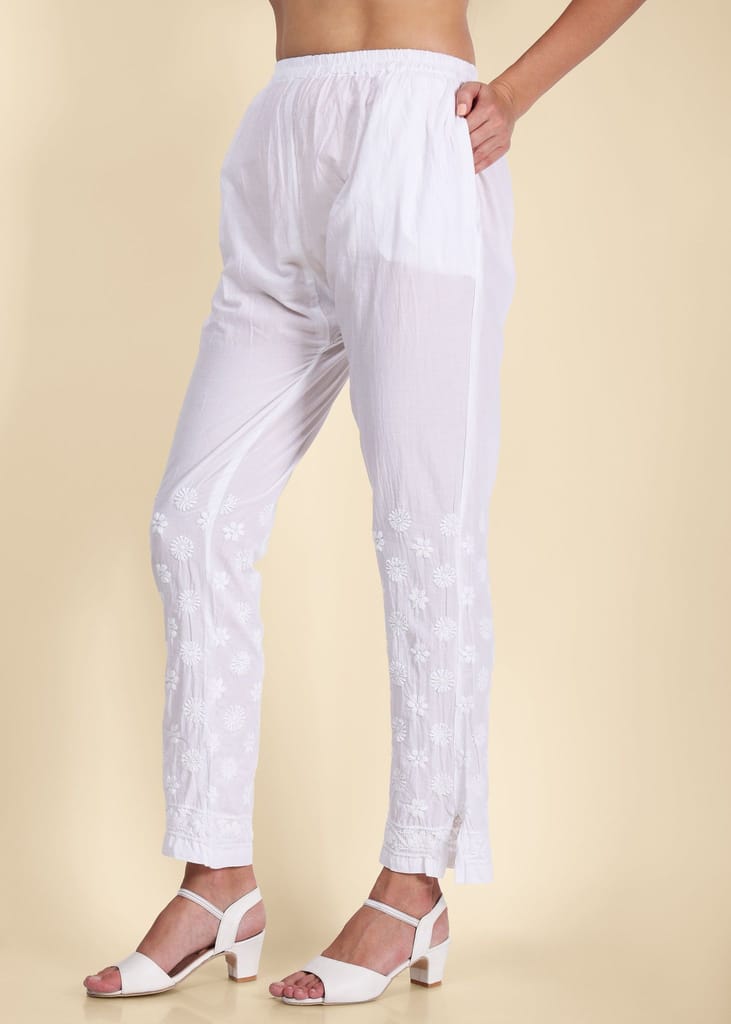 Lucknow Chikankari Handmade White Stretchable Cotton Pants for Girls