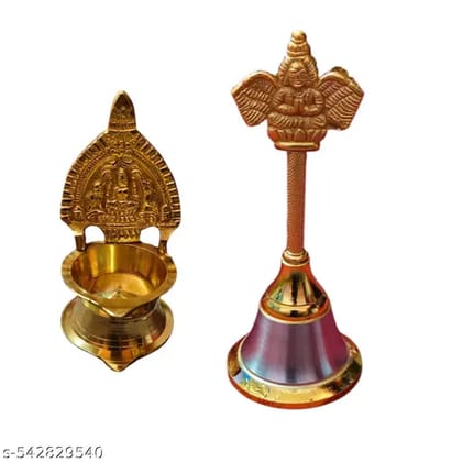Pure Brass Deepak with Temple Bell  Traditional Decorative Diya for Pooja and Home Decor