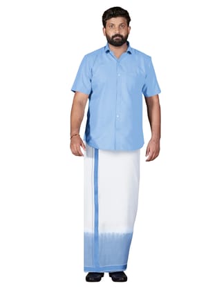 Sky Blue Two Tone Double Dhothie + Shirt Set Half Sleeve 43002-38