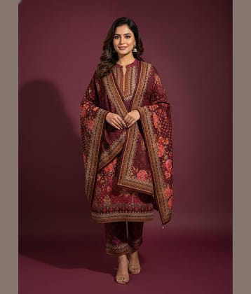 WOOL'S KART Women Woollen Printed A-line Kurti With Palazzo ( Red )