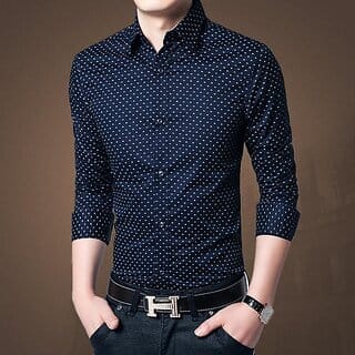 Fashlook Polka Print Curved Collar Regular Fit Cotton Blend Formal Navy Shirt For Mens Fashlook Polka Print Curved Collar Regular Fit Cotton Blend Formal Navy Shirt For Mens