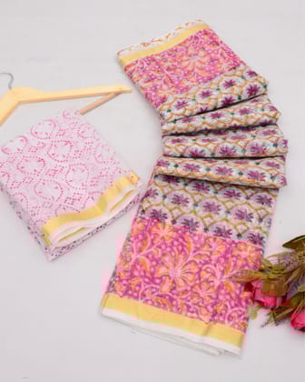 Craft Couture Kota Doria Soft Pink Blockprinted Saree
