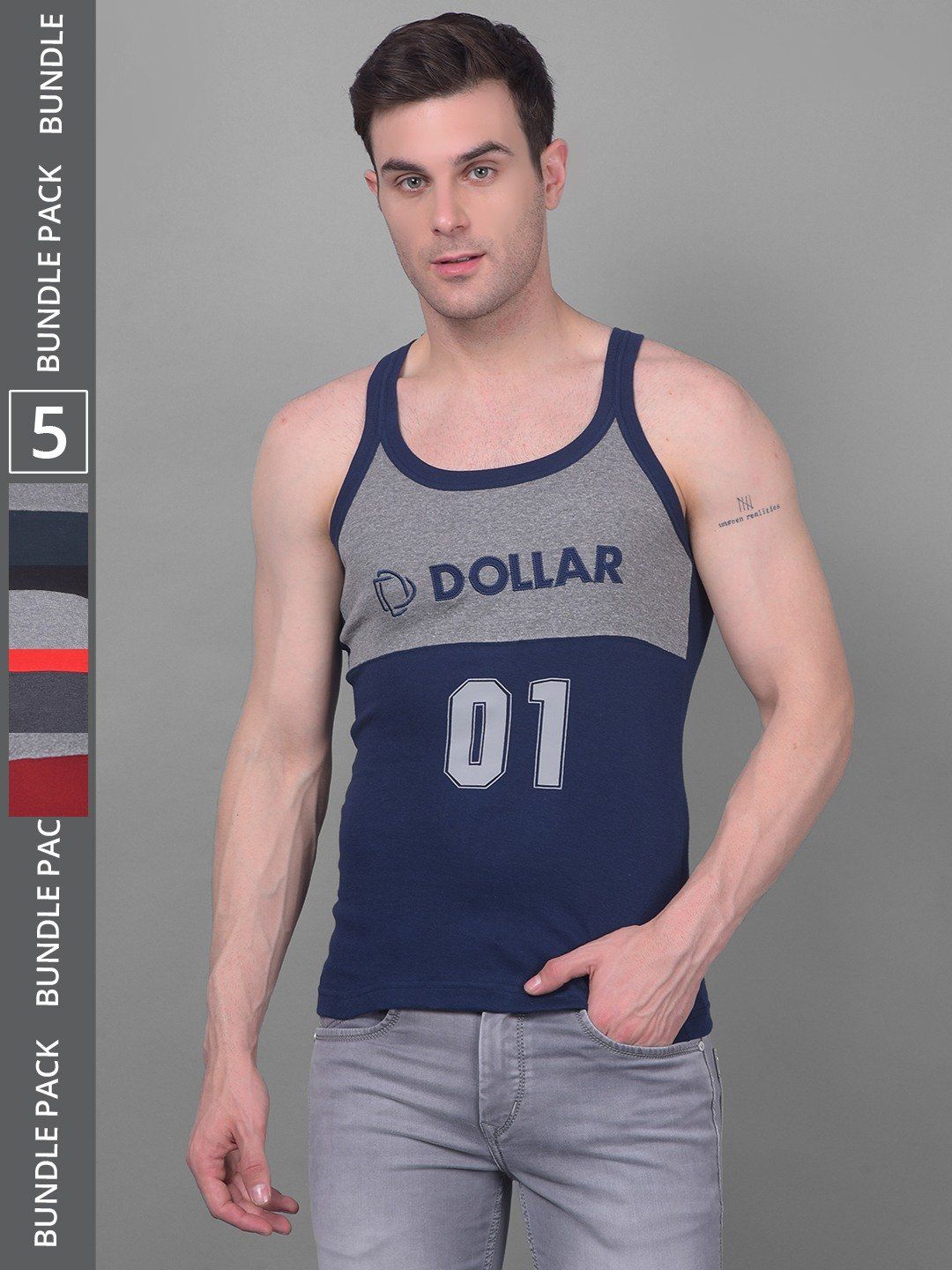 Men's Assorted Pack of 5 Solid Combed Cotton Racerback Styled Gym Vest