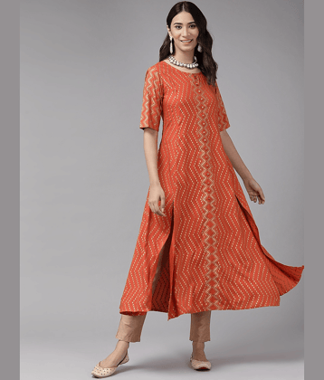 Yash Gallery Rayon Printed Anarkali Women's Kurti - Orange ( Pack of 1 )