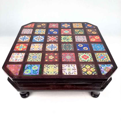 Wooden Chowki with Ceramic Tiles - For For Pooja, Weddings & Festivals - 14 Inch