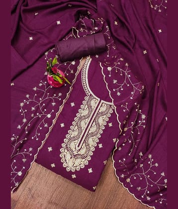 Rangtulika Ethnics Unstitched Cotton Blend Embroidered Dress Material - Purple ( Pack of 1 )