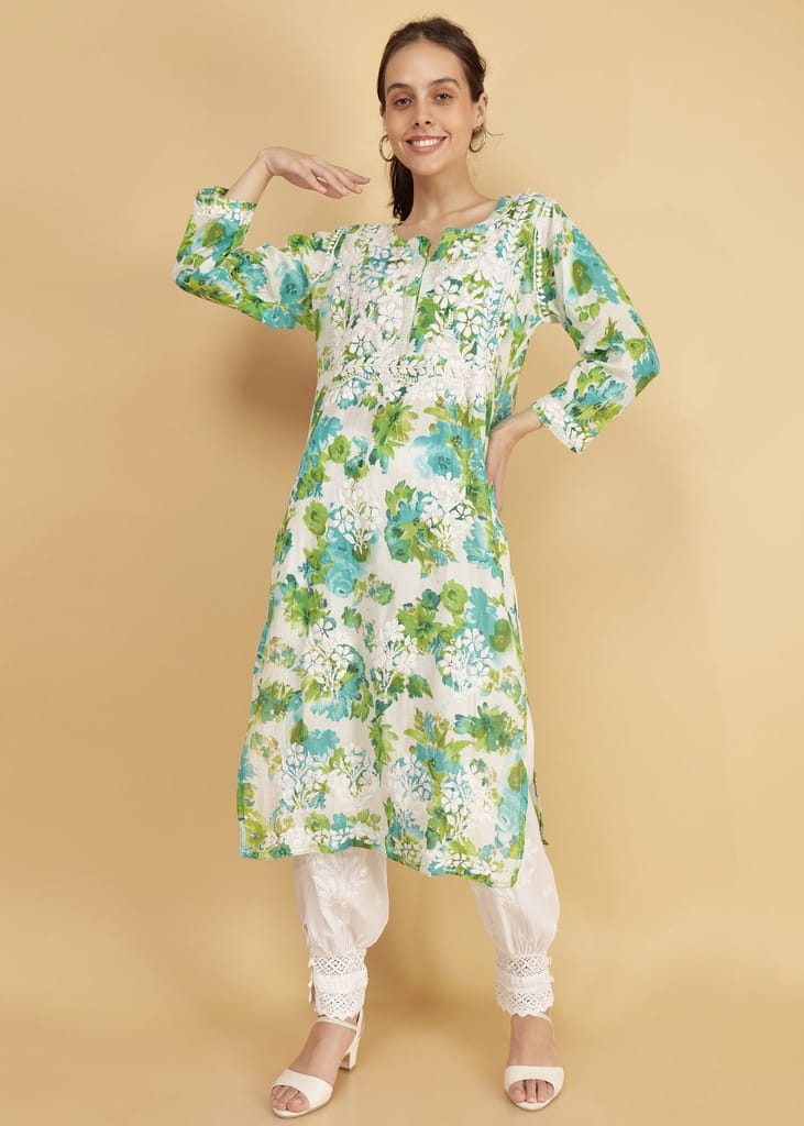 Pure Mulmul Floral Print Green Chikankari Long Straight Kurta