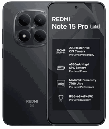REDMI Note 15 Pro 5G (Carbon Black, 8GB+128GB) | 200MasterPixel OIS Camera | Dimensity 7400-Ultra | 17.3cm CrystalRes AMOLED Screen | IP66/68/69/69K | Mega 6580mAh Si/C Battery | 45W Fast Charging REDMI Note 15 Pro 5G (Carbon Black, 8GB+128GB) | 200MasterPixel OIS Camera | Dimensity 7400-Ultra | 17.3cm CrystalRes AMOLED Screen | IP66/68/69/69K | Mega 6580mAh Si/C Battery | 45W Fast Charging