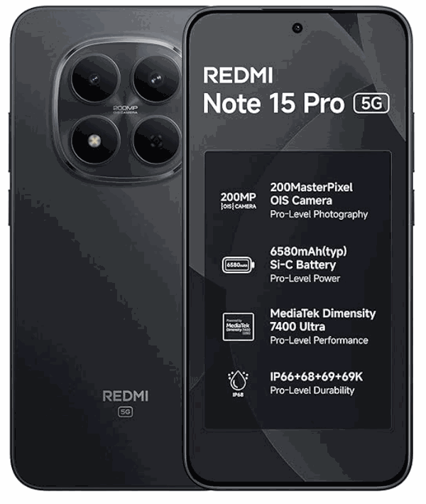 REDMI Note 15 Pro 5G (Carbon Black, 8GB+128GB) | 200MasterPixel OIS Camera | Dimensity 7400-Ultra | 17.3cm CrystalRes AMOLED Screen | IP66/68/69/69K | Mega 6580mAh Si/C Battery | 45W Fast Charging