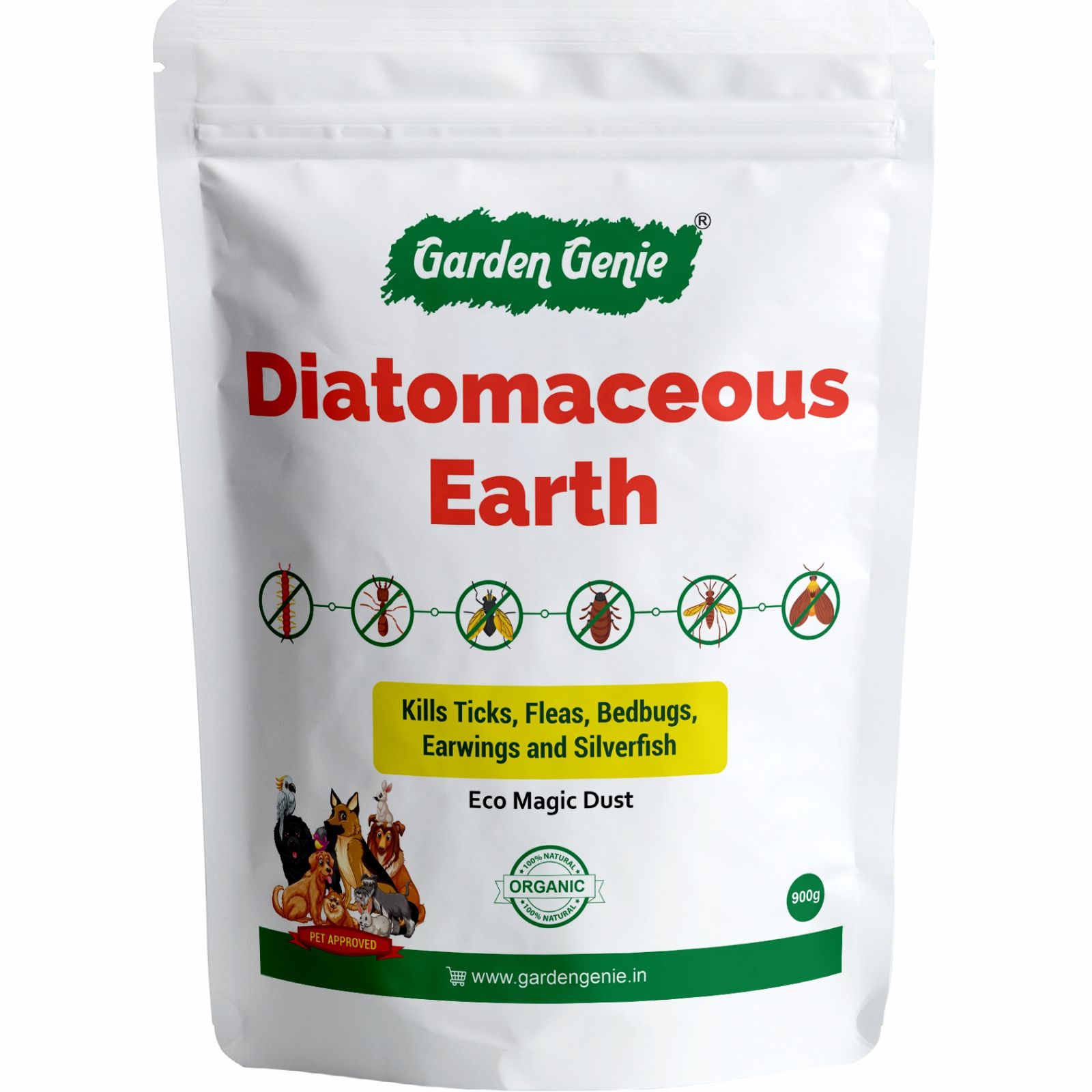 Garden Genie 100% Natural Diatomaceous Earth Powder 800g I Insect Control for Plants I Effective against Dog Ticks & Flea, Cockroach, Bedbugs, Ants etc | Organic Pest Control for Your Home & Garden