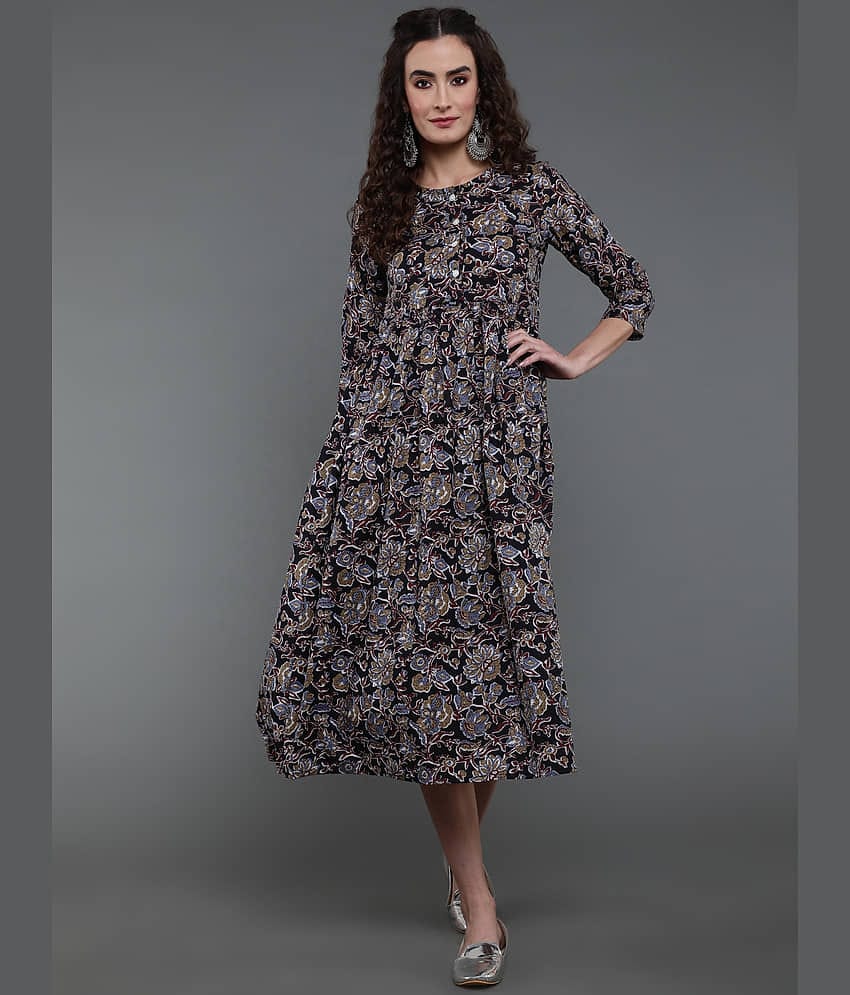 Antaran Women Cotton Printed A-line Dress ( Multicolor )