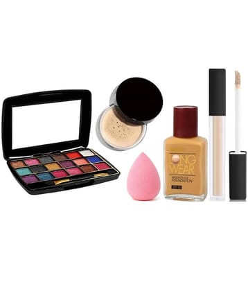 swenky 18color shimmer eyeshadow with loose powder liquid concealer & beauty blender puff (Pack of 5)