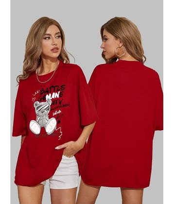 Leotude Women Cotton Blend Printed Oversized Fit Round Neck T-Shirt ( Red )