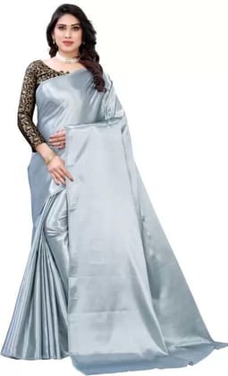 ANSH Womens Satin Solid Saree length (5.5m) & Blouse Piece Size (0.8m) (Grey)