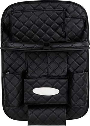 7D PREMIUM Car Seat Organizer | PU Leather with Folding Meal Tray and 10 Pockets - Tissues, Bottles, Phones, iPad Mini, Documents, Umbrella (Set of 2)-Black