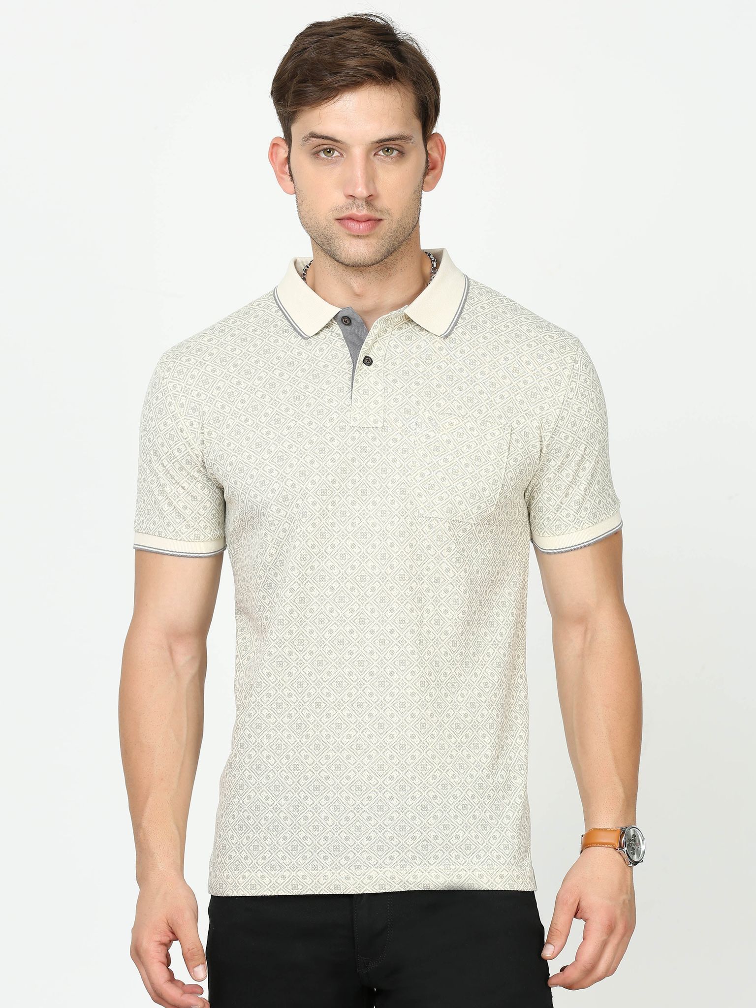 Classic Polo Mens Cotton Half Sleeves Floral Slim Fit Polo Neck Cream Color T-Shirt | Beau - 211 A Sf P