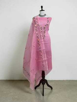 Handwoven Kota Doria Dress Material in Rose Pink with Gota Patti