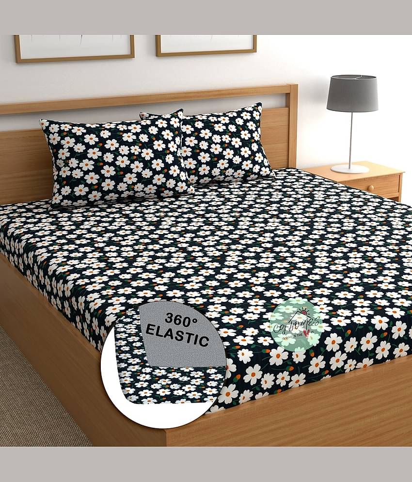 CG HOMES Microfibre Floral Fitted Fitted bedsheet with 2 Pillow Covers ( Double Bed ) - Blue