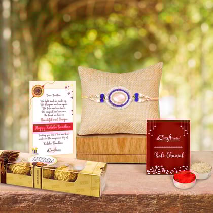 Designer Rakhi with Ferrero Rocher (4 pcs) and Roli Chawal Pack, Best Wishes Greeting Card