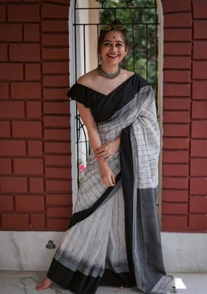 Pure Linen Cotton Digital Printed Saree with Handmade Zalar  PHPL 234