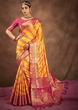 Yellow And Peach Woven Rangkath Banarasi Silk Saree