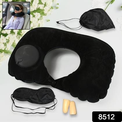 8512&nbsp;3 in 1 Comfortable Travel Sleeping Kit, Neck Pillow, Eye Mask & Ear Plug Set Inflatable Plane Sleeping Pillow Head Neck Support Pillows for Travel Airplane Office, Black