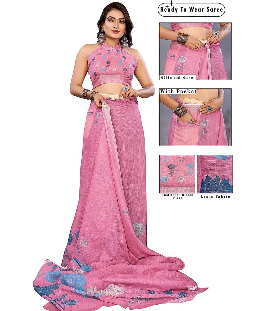 HEMA SILK MILLS Linen Printed Regular Saree With Unstitched Blouse Piece ( Pink )