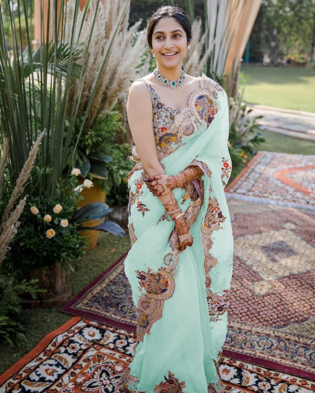 Organza Beautifull Thread Embroidery work Saree-Cyan