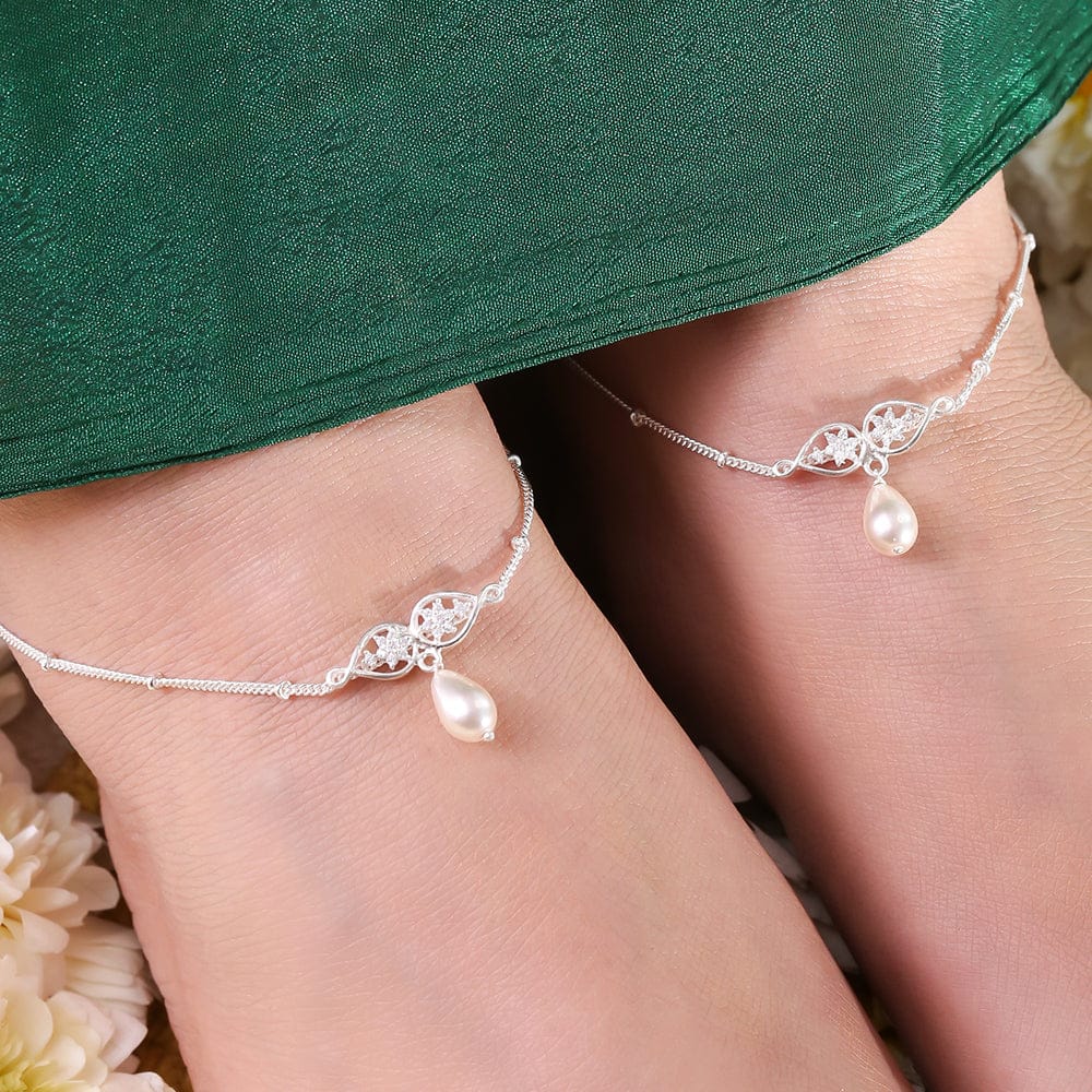 92.5 Sterling Silver Infinity pearl anklet-Silver