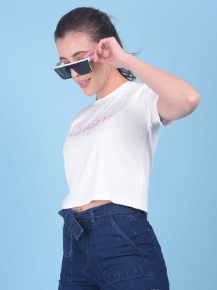 White Typographic Print Crop T-Shirt-M / White