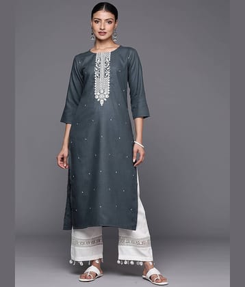Varanga Cotton Embroidered Straight Women's Kurti - Grey ( Pack of 1 )