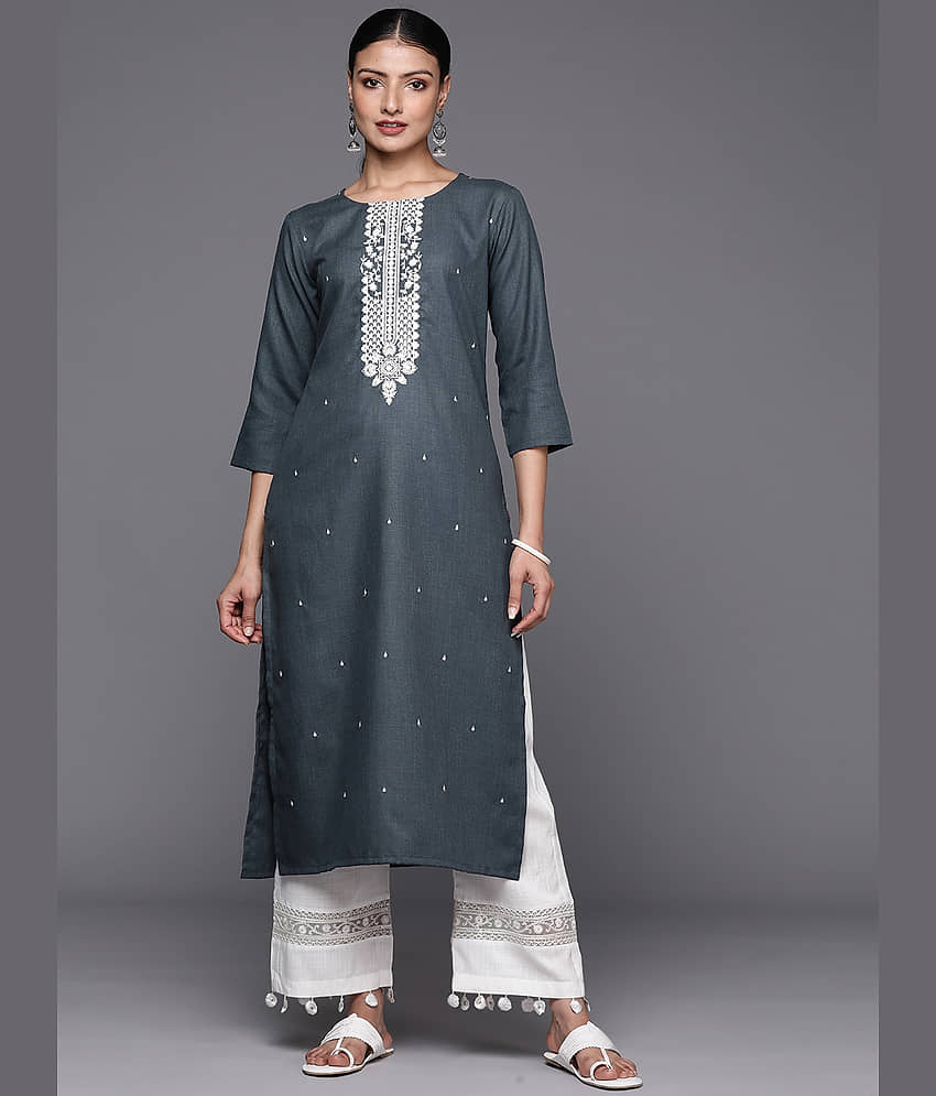 Varanga Cotton Embroidered Straight Women's Kurti - Grey ( Pack of 1 )