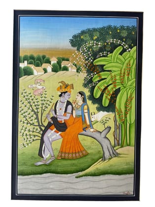 Exquisite Kangra Miniature Painting - Traditional Indian Artwork, 8x12 Inches, Romantic Scene with Gold and Silver Accents - Ideal for Art Collectors and Home Decor