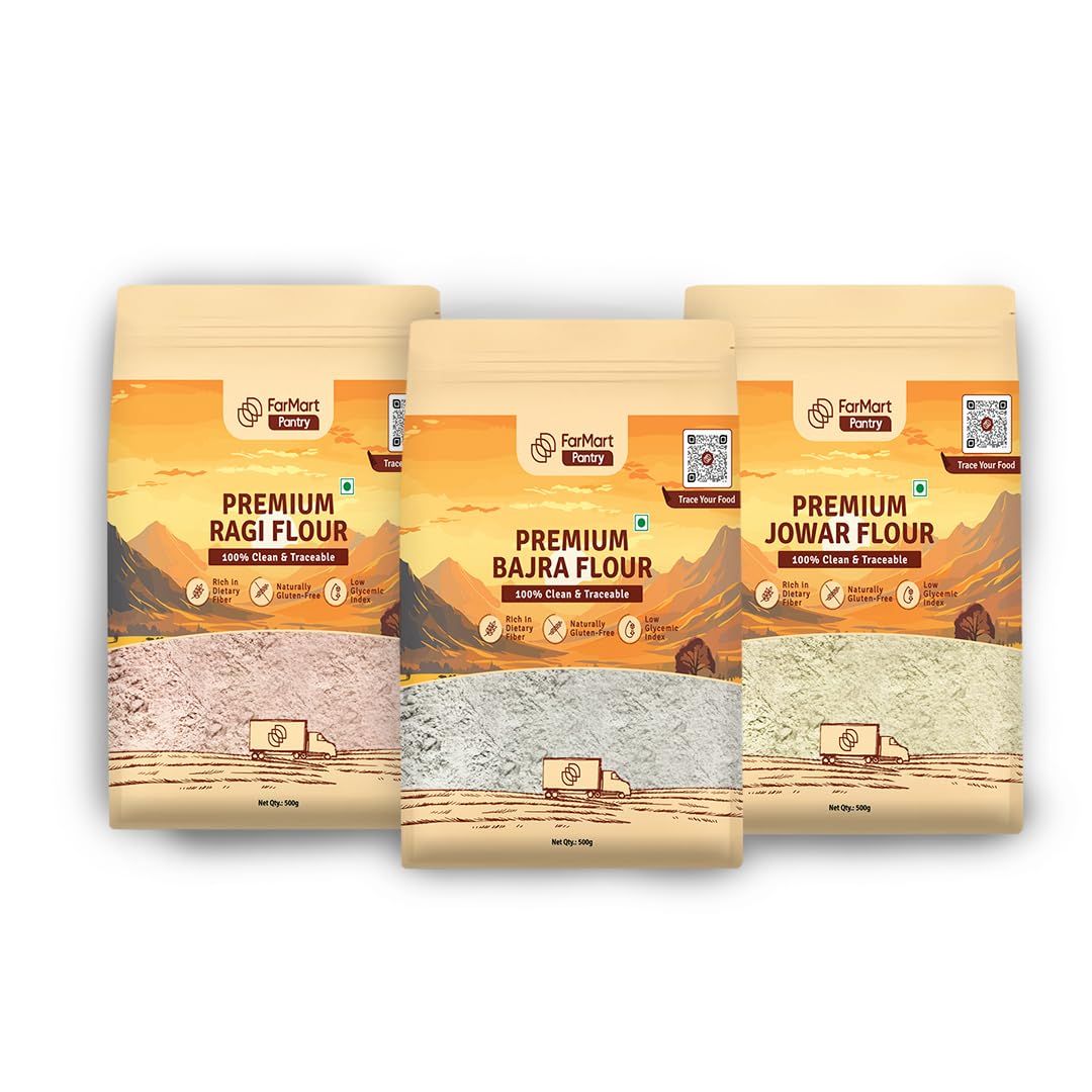 FarMart Pantry Millet Wellness Trio Pack Ragi, Bajra & Jowar | Pack of 1 Each (500 Gm X 3) | High in Calcium & Iron | Perfect for Roti, Chilla & Gluten-Free Cooking